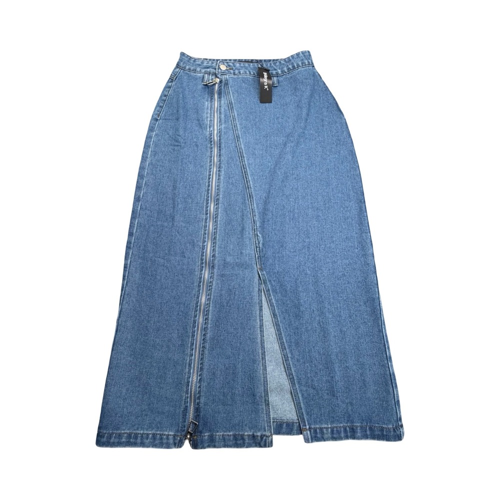 Allegra K Skirt Womens S Blue Denim Asymmetrical Zip Front Slit Maxi‎ A-Line